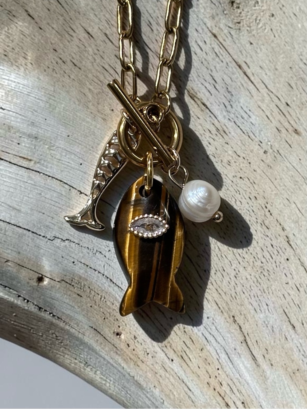 Gold-Tone Fish Charm Necklace with Tiger's Eye and Pearl Accent Paperclip Chain